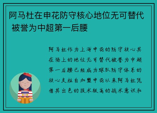 阿马杜在申花防守核心地位无可替代 被誉为中超第一后腰